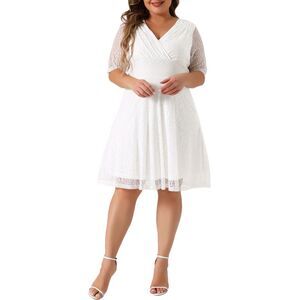 Plus Size V Neck Swing A-Line Cocktail Wedding Midi Lace Dress White